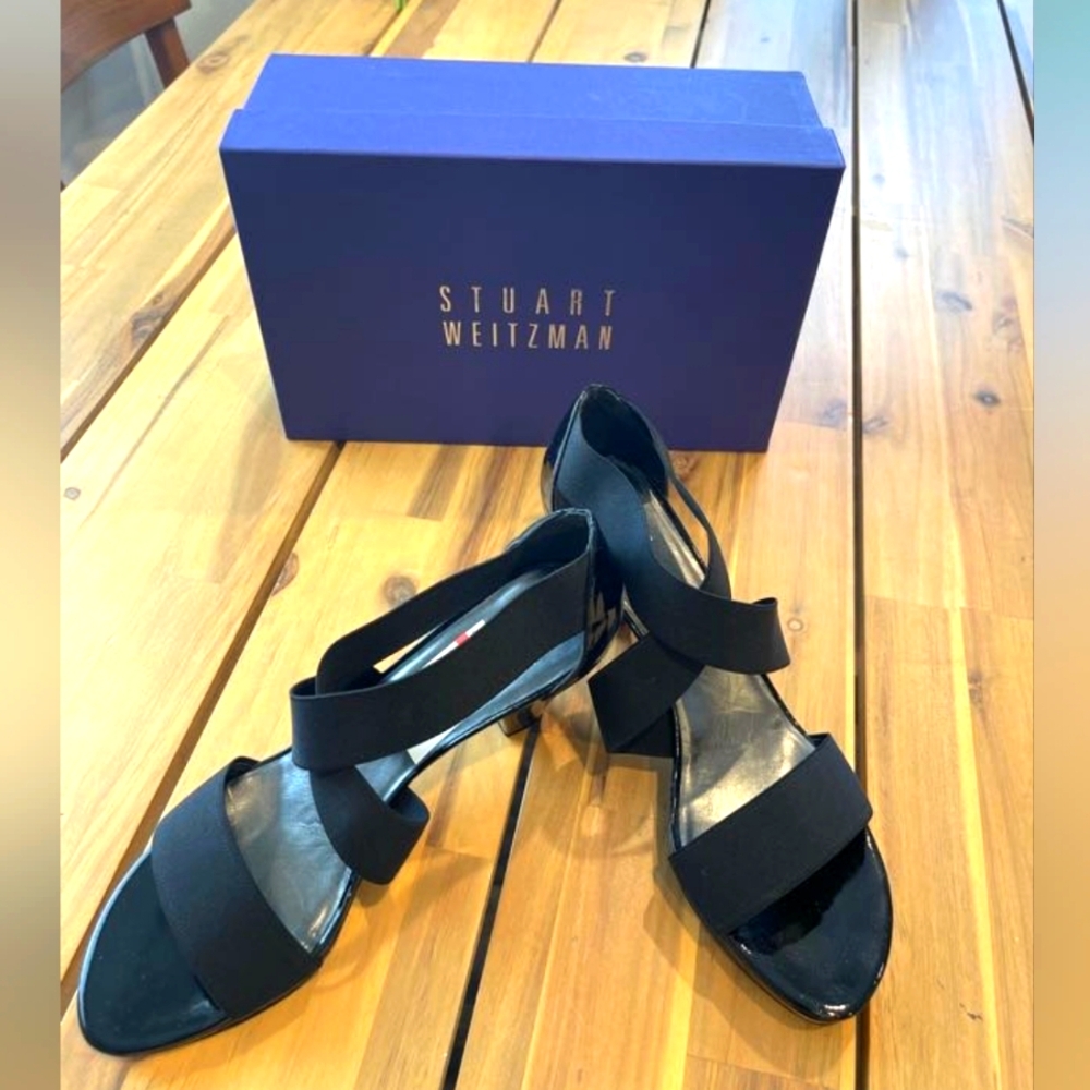 Nib Stuart Weitzman Overreach Black Elastic Leather Sole Womens Sandals Size 9.5